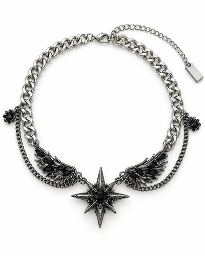 Geometric Starburst Diamond-Accented Black Gemstone Wing Necklace