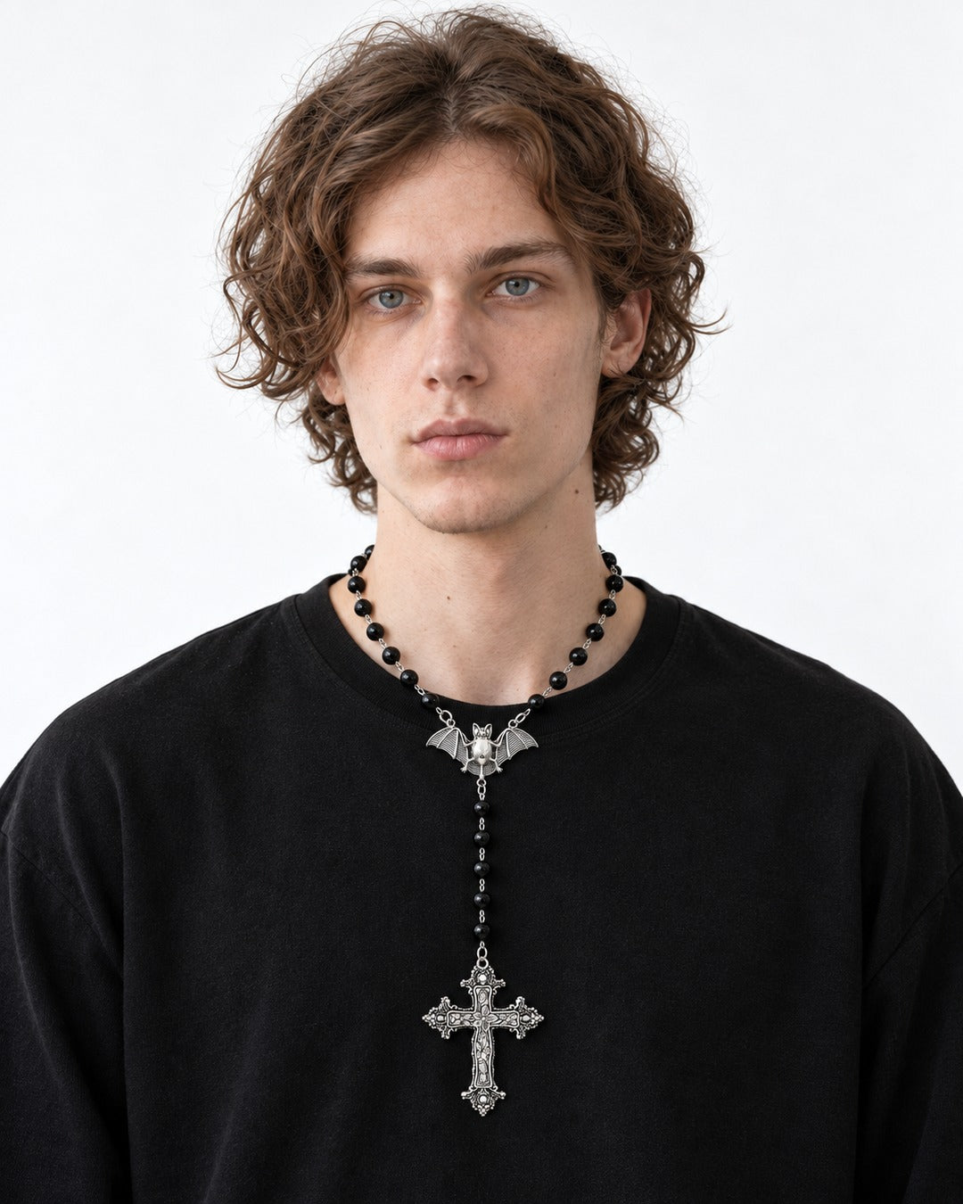 Bat Cross Rosary Necklace