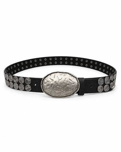 Hammered Oval Buckle Studded Belt