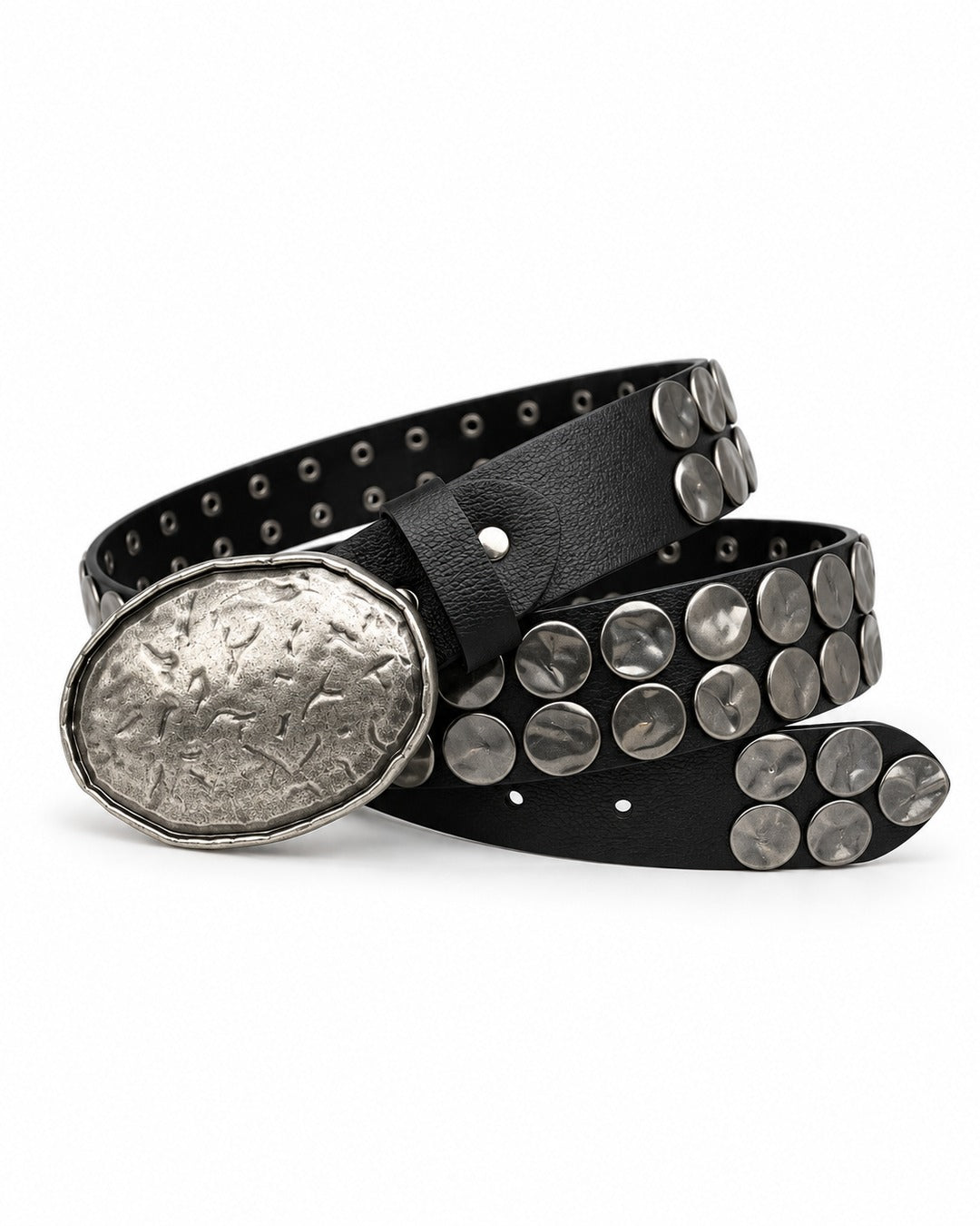 Hammered Oval Buckle Studded Belt