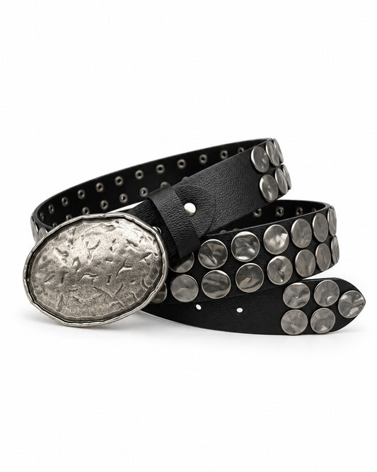 Hammered Oval Buckle Studded Belt