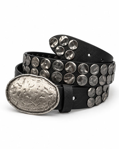 Hammered Oval Buckle Studded Belt