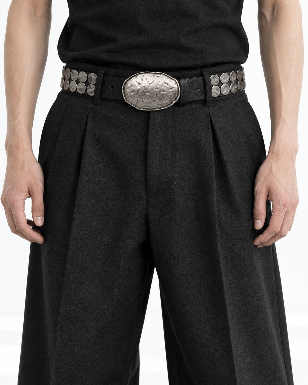 Hammered Oval Buckle Studded Belt