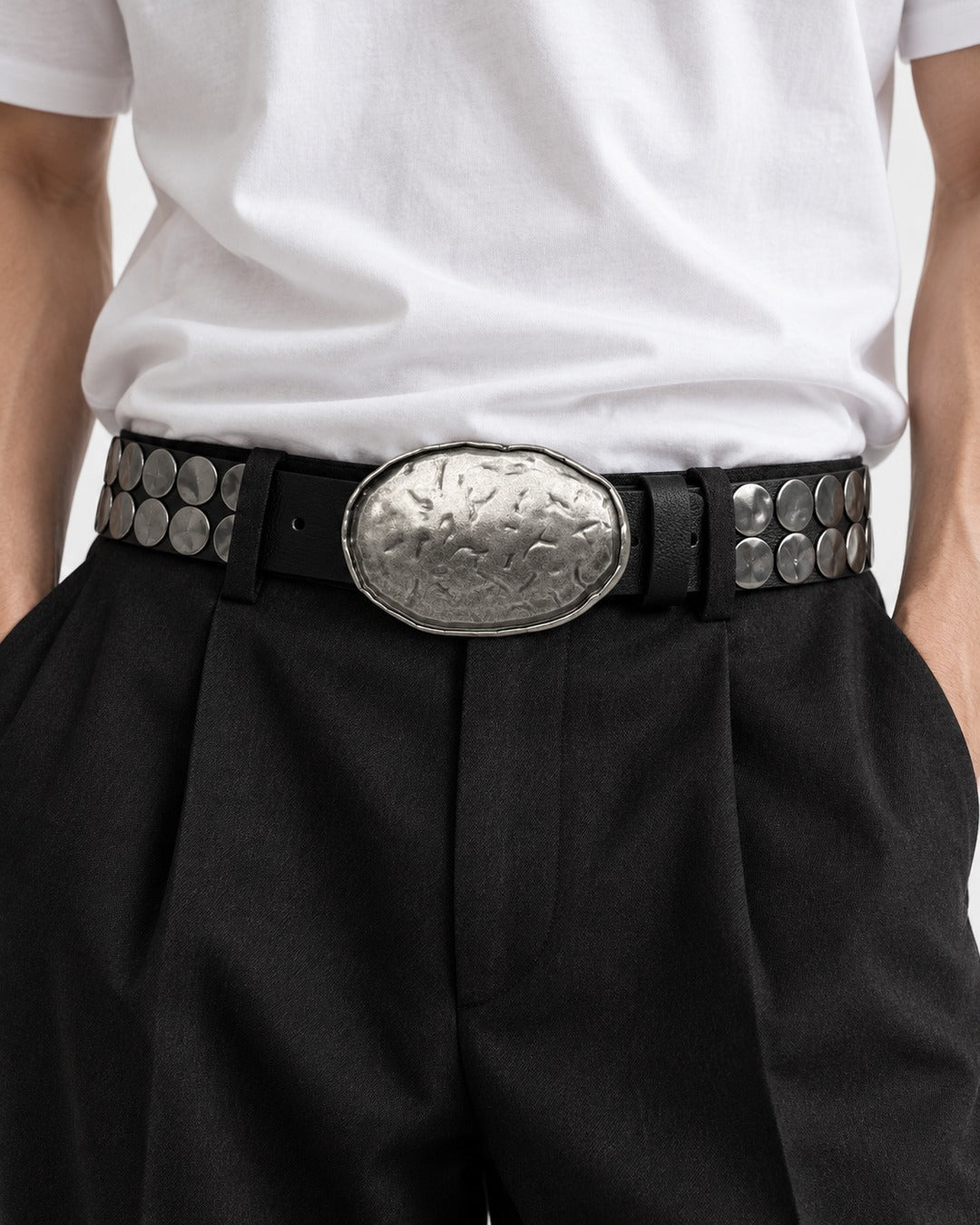 Hammered Oval Buckle Studded Belt