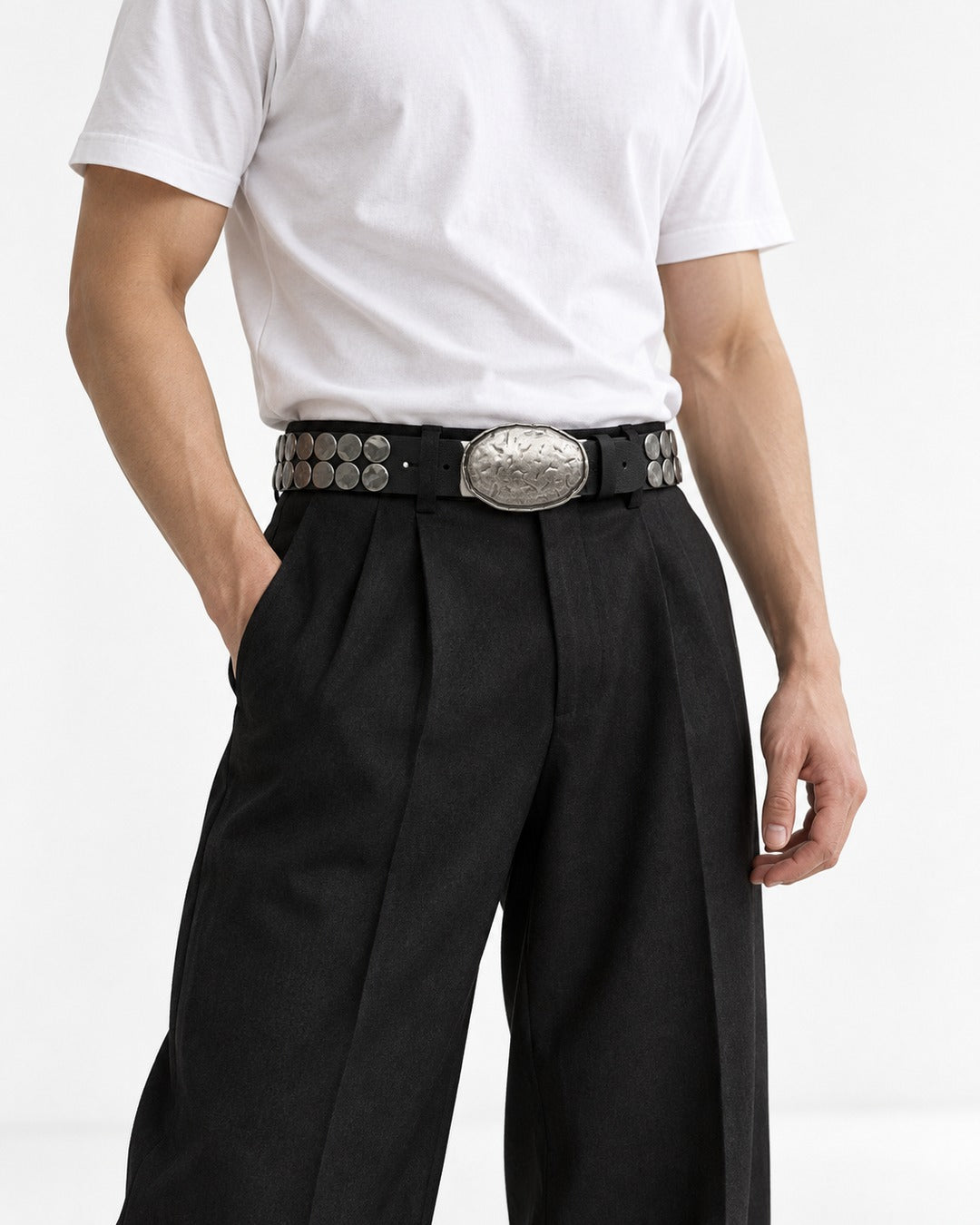 Hammered Oval Buckle Studded Belt
